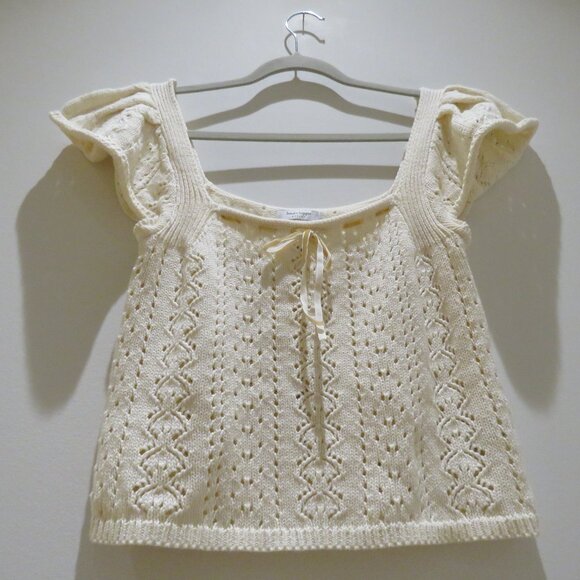 HAUTE HIPPIE Crochet Knit Milkmaid Coquette Ribbon Top Cotton Cottagecore Boho - Picture 8 of 12